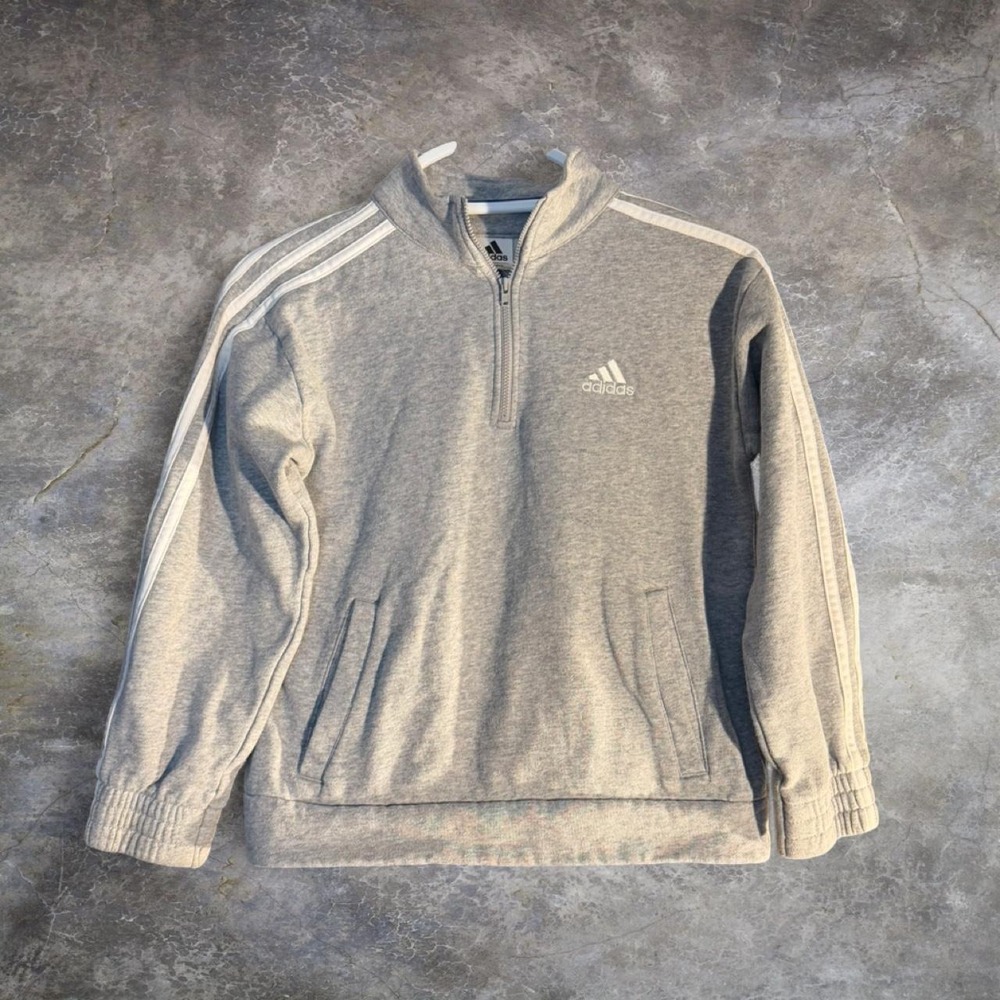 Adidas Grey 3 Stripe Quarter Zip Sweatshirt Pullover Athletic Fleece